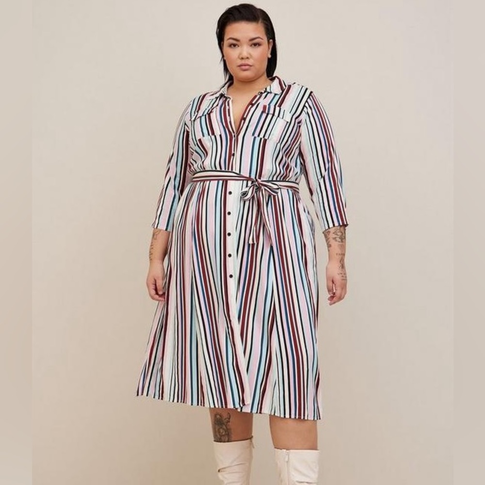 NWT- Midi Stretch Challis Button Front Shirt Dress Multi Stripe